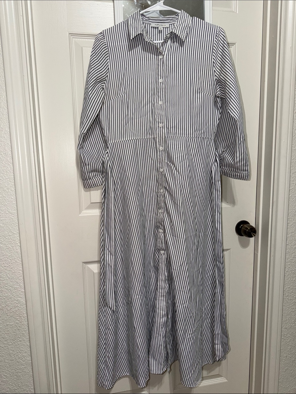 Purple Snow Striped Midi Shirt Dress in Black and White